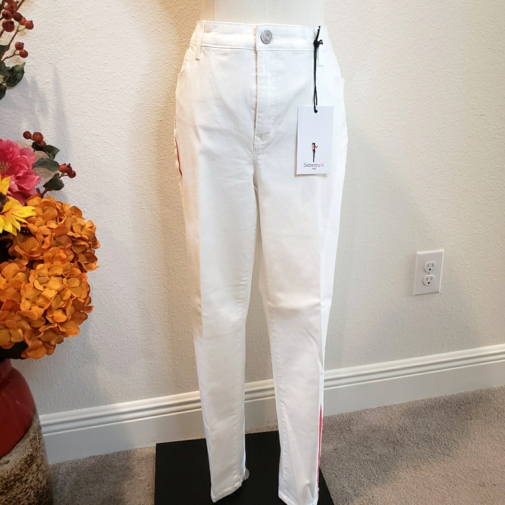 SKINNYGIRL Sarah Mid Rise Skinny Ankle Red Stripe White Jeans--NWT--32/14